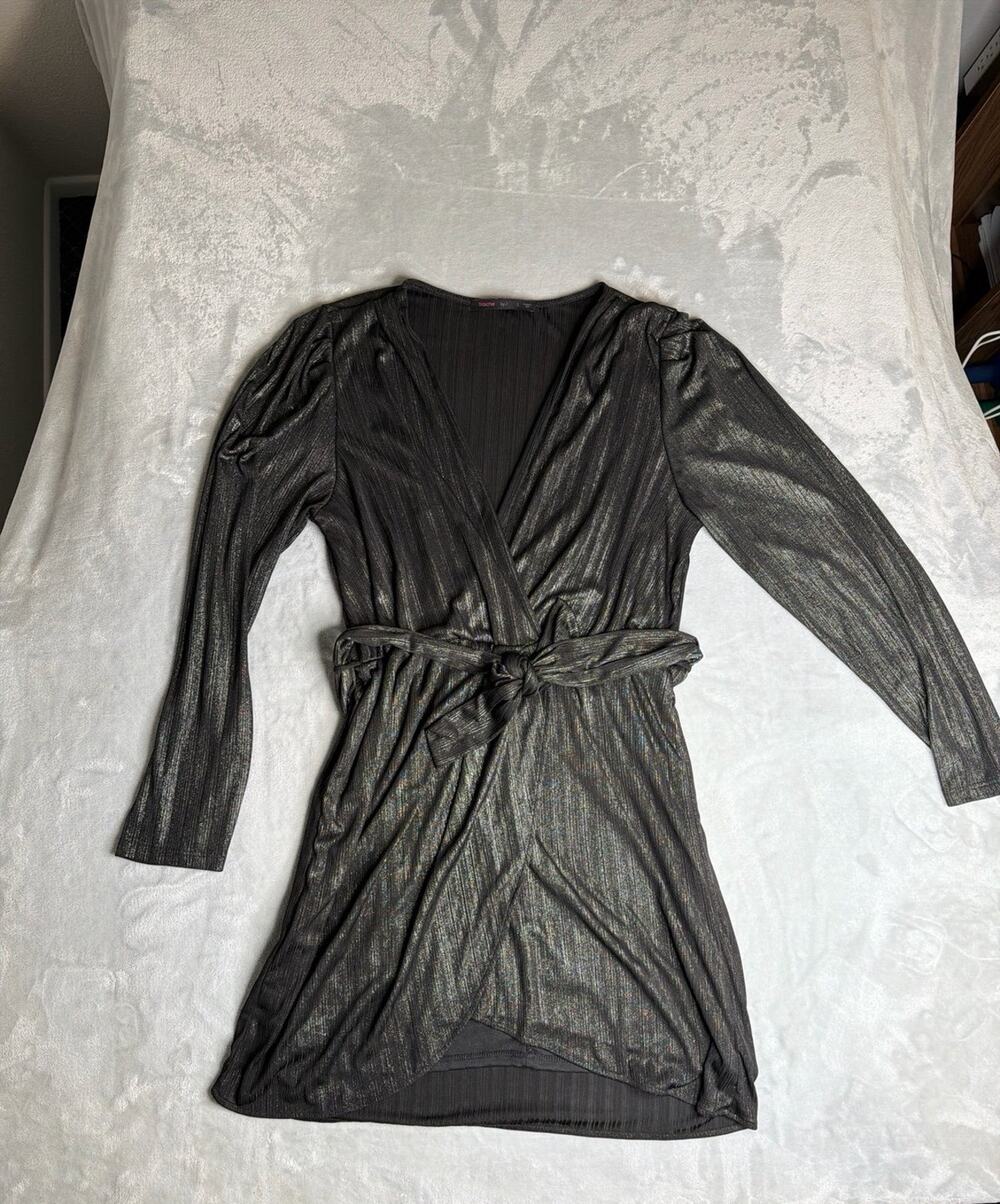 Metallic Long Sleeve Faux Wrap Dress Fraiche by J size large L